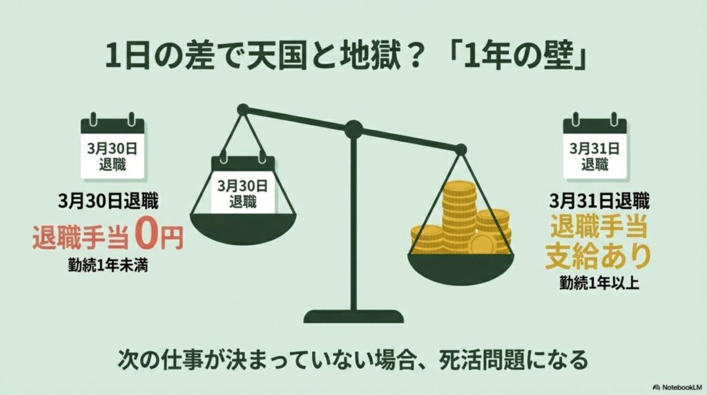 3月30日退職だと退職手当が0円、31日なら支給ありという1日の差で大きく変わる比較図。