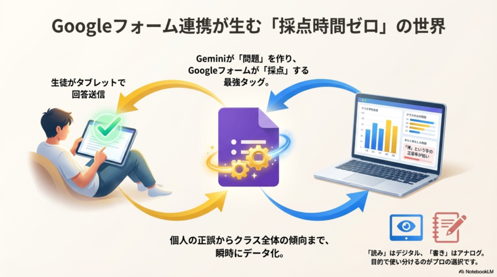Googleフォームと連携して自動採点を行い、個人の正誤やクラスの傾向を瞬時にデータ化する仕組み