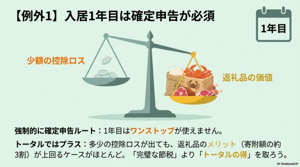 住宅ローン控除1年目で多少の控除ロスが出ても、ふるさと納税の返礼品の価値が上回るためトータルでは得になることを示す天秤のイラスト。