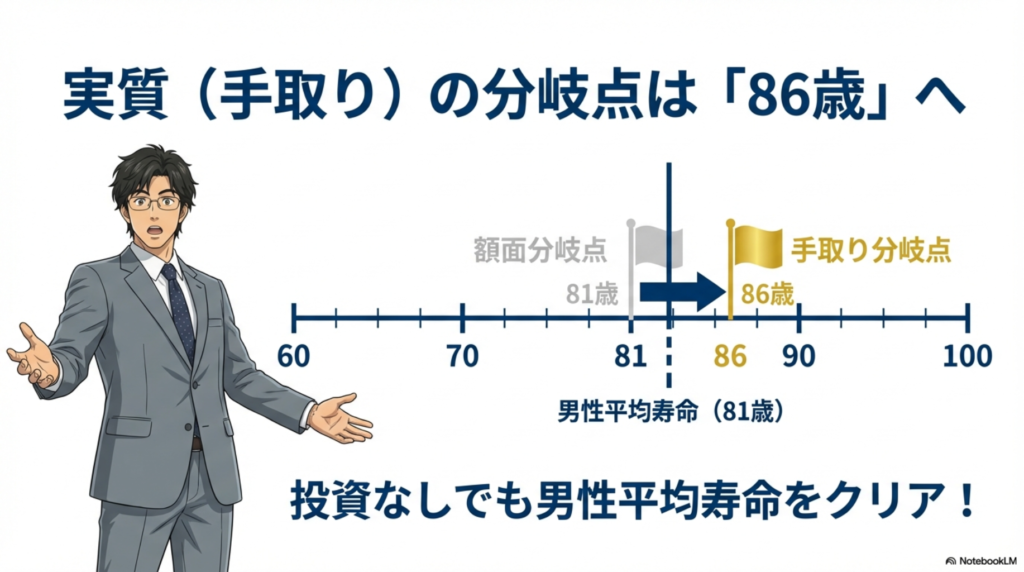 手取りベースで計算した場合の年金損益分岐点が86歳になるグラフ
