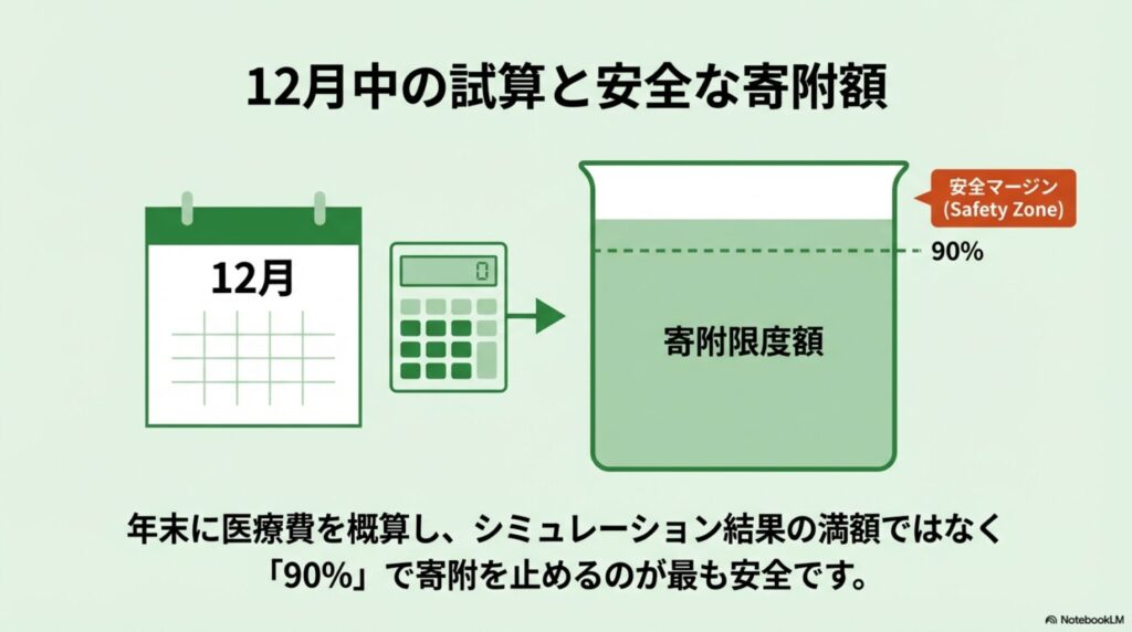 12月時点ではふるさと納税の限度額シミュレーション結果の90%に抑えて安全圏を確保する図