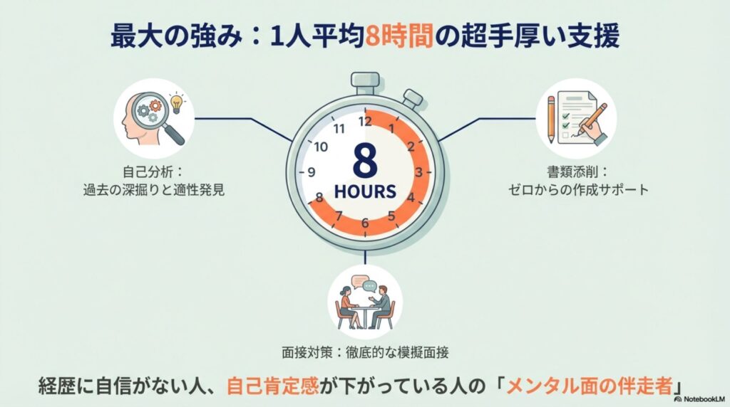 第二新卒エージェントneoの最大の強みである、自己分析、書類添削、面接対策に費やす1人平均8時間の手厚いサポート体制の内訳。
