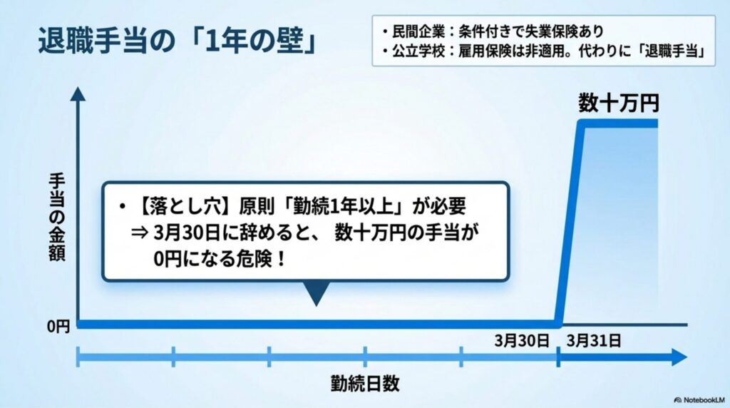 公務員の退職手当の仕組みと、民間企業の失業保険との違い、勤続1年という受給要件を解説した図解
