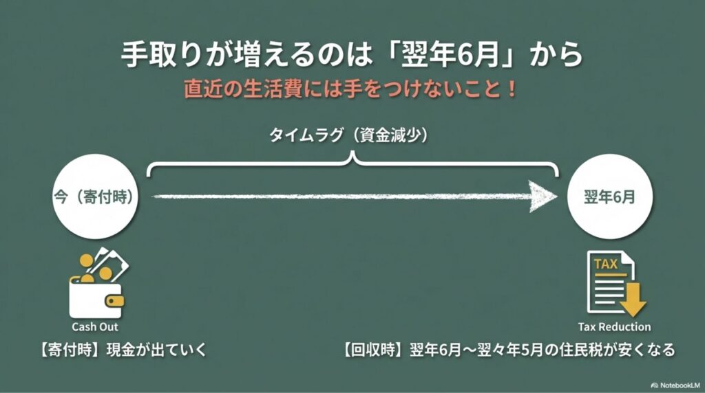 ふるさと納税のキャッシュフロー図。寄付時の現金支出（Cash Out）から、翌年6月の住民税減税（Tax Reduction）までのタイムラグ。