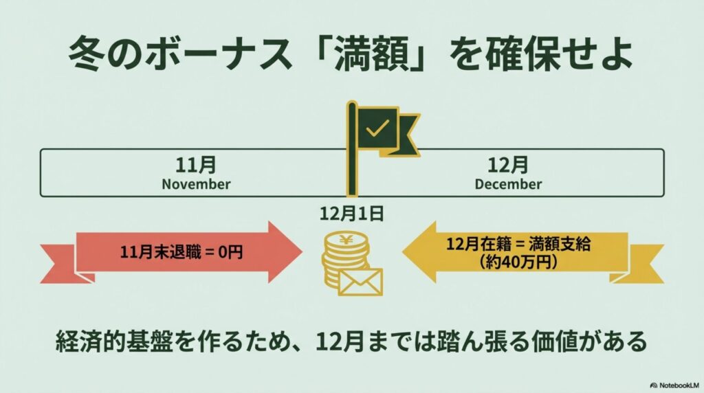 12月1日在籍で冬のボーナスが満額支給されることを示すカレンダーと金銭のイメージ図。