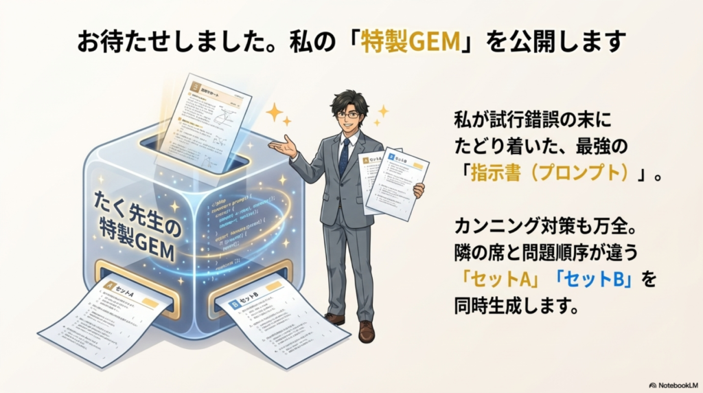 たく先生特製GEMのプロンプトにより、カンニング対策用のセットAとセットBの2種類のテストを自動生成するイメージ図