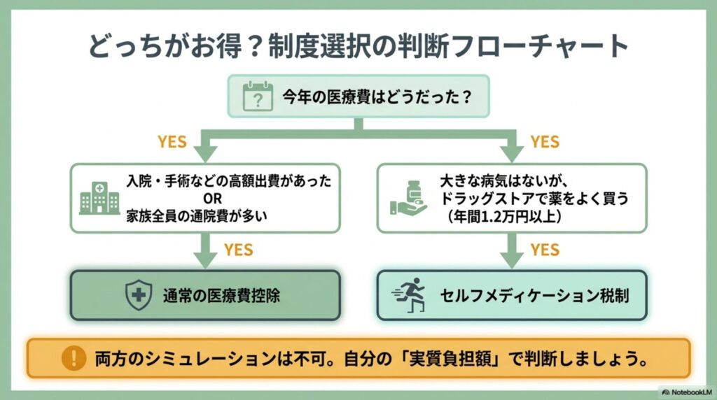 医療費控除とセルフメディケーション税制のどちらがお得か判断するためのフローチャート