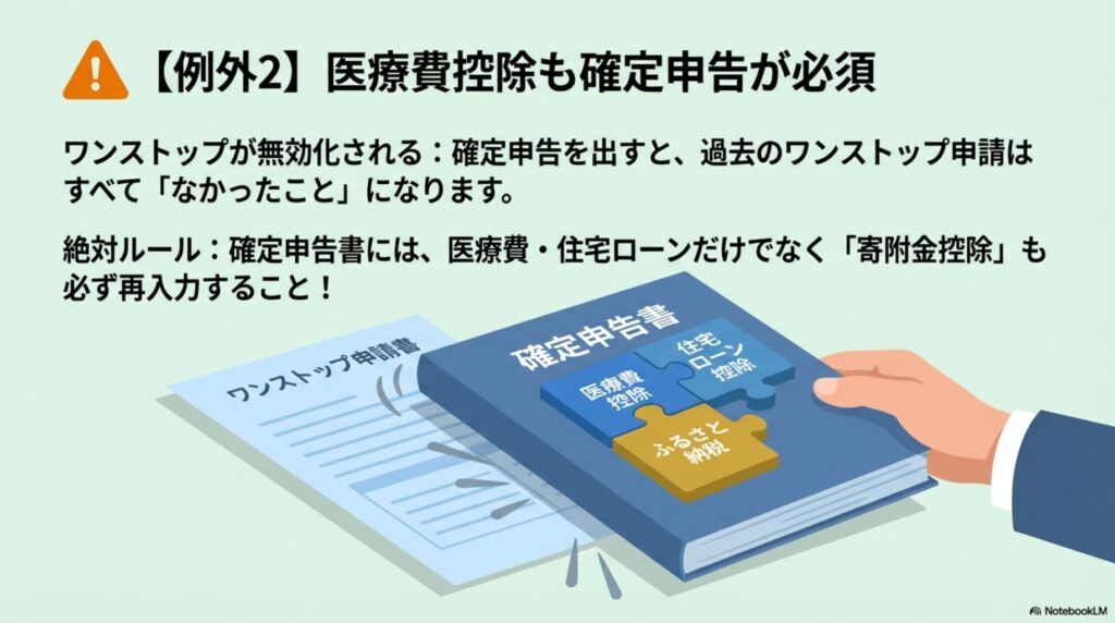 医療費控除のために確定申告を行うと、過去のワンストップ特例申請が無効になるため、寄附金控除の再入力が必要であることを示す注意喚起図。