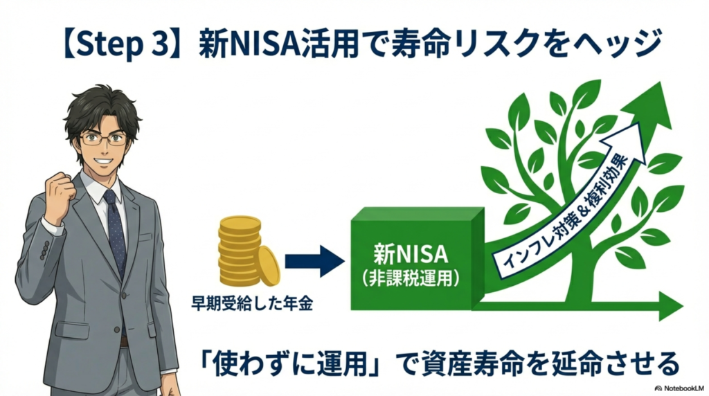 年金の繰上げ受給と新NISAの複利効果で資産寿命を延ばすイメージ図