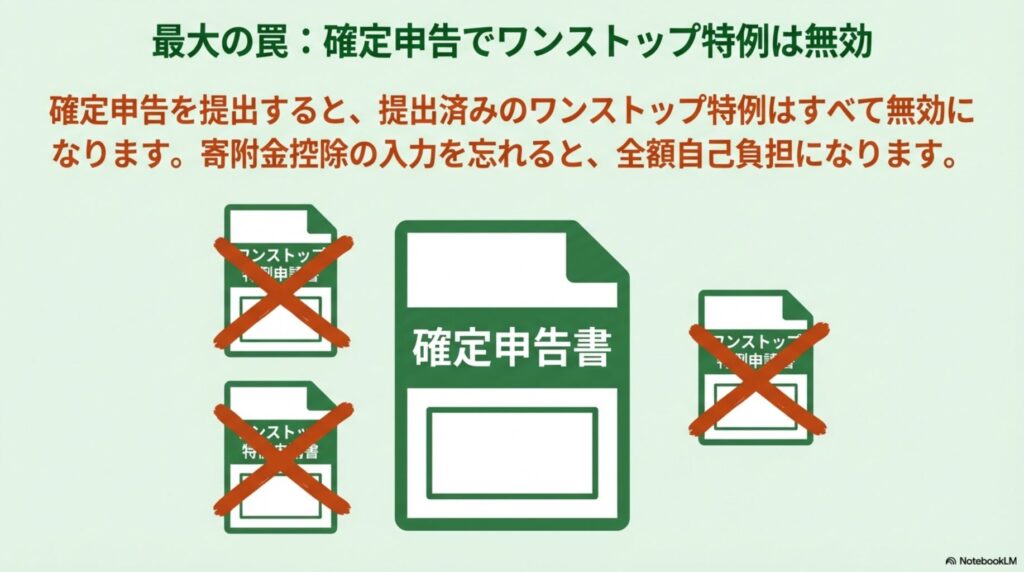 確定申告書を提出すると過去に提出したワンストップ特例申請書が無効になることを示す注意喚起の図