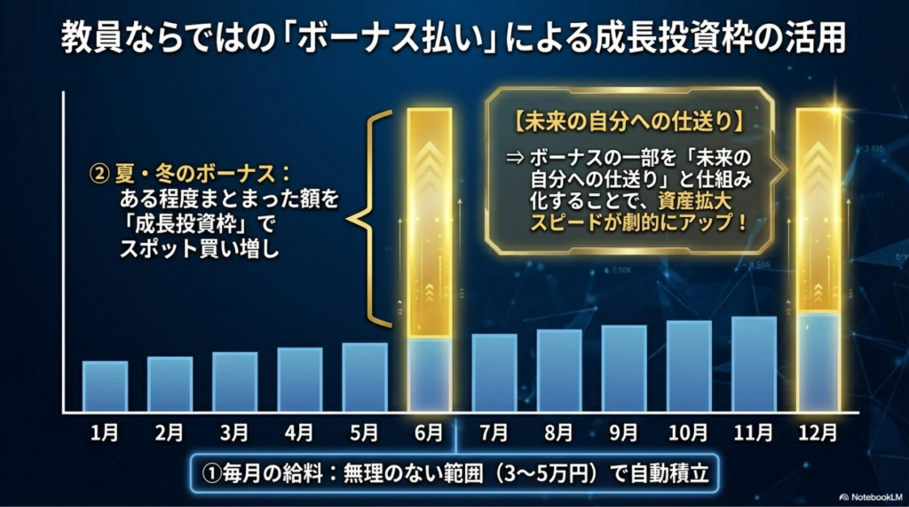 毎月の自動積立（つみたて投資枠）とボーナス時のスポット買い増し（成長投資枠）の二段構えを示す図解

