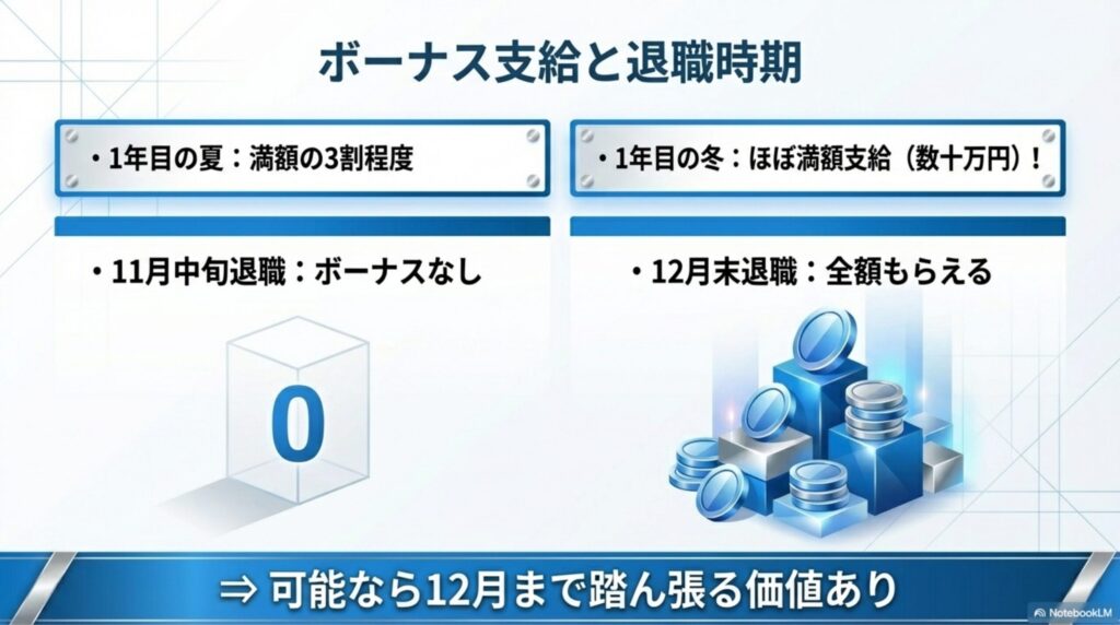 教員の冬のボーナス支給の仕組みと、月末退職の比較を示した図解

