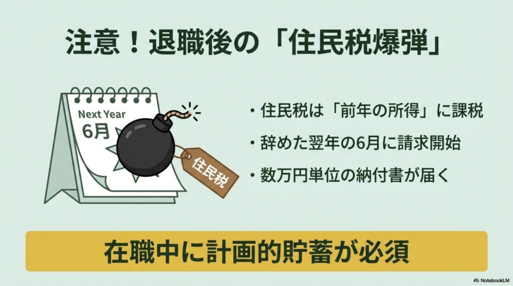 翌年の6月に住民税の請求が来ることを警告するカレンダーと爆弾のイラスト。計画的貯蓄の必要性。