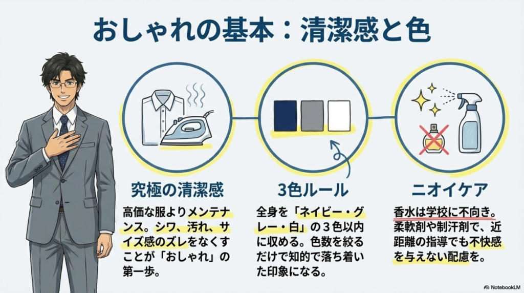 おしゃれな先生の条件：清潔感、3色ルール、ニオイケアのポイント