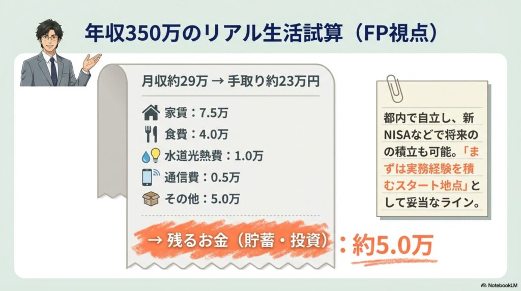 FP視点で試算した月収約29万円（手取り23万円）の家計簿内訳。家賃、食費などを引いても都内で自立し貯蓄が可能であることを示すグラフ。