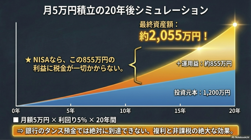 毎月5万円を年利5%で20年間積み立てた場合の資産推移と非課税額を示すグラフのインフォグラフィック
