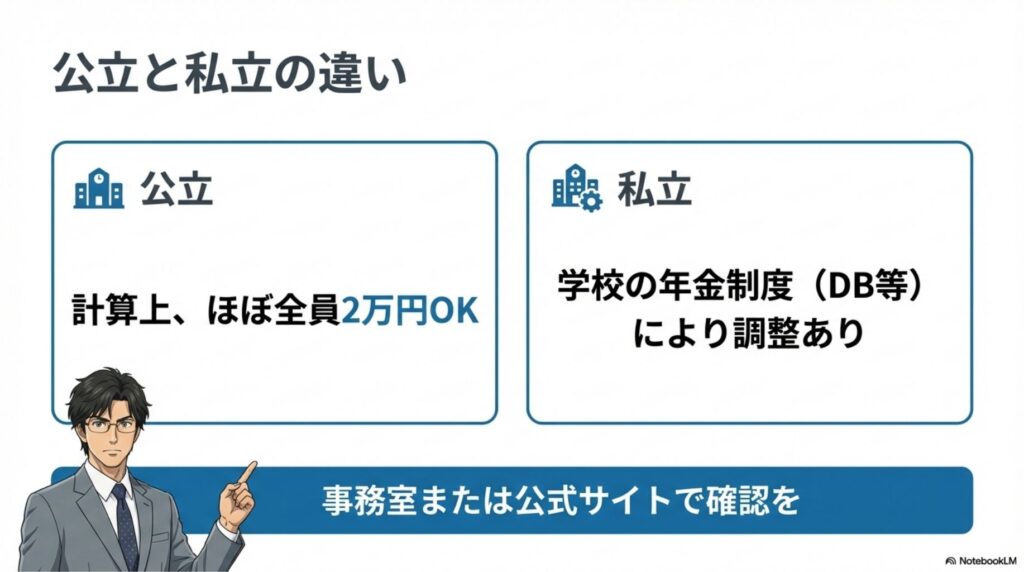 公立学校教員はほぼ全員2万円可能だが、私立学校教員は学校の年金制度により調整が必要な場合がある旨の注意喚起