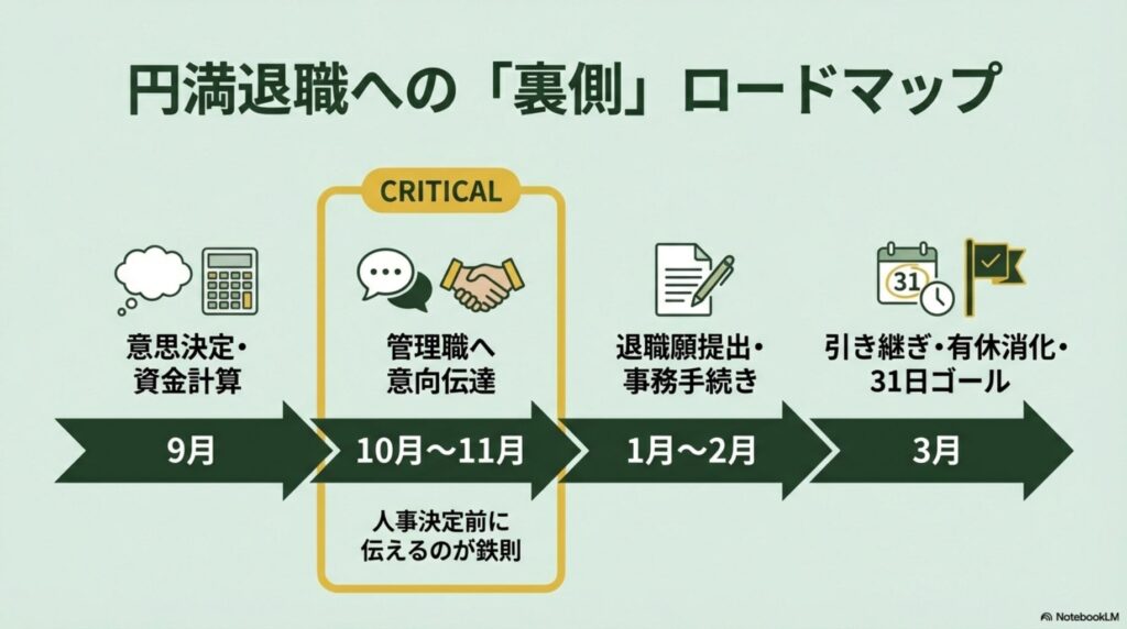 9月の意思決定から3月の退職まで、月ごとにやるべきことを示したスケジュールの図解。