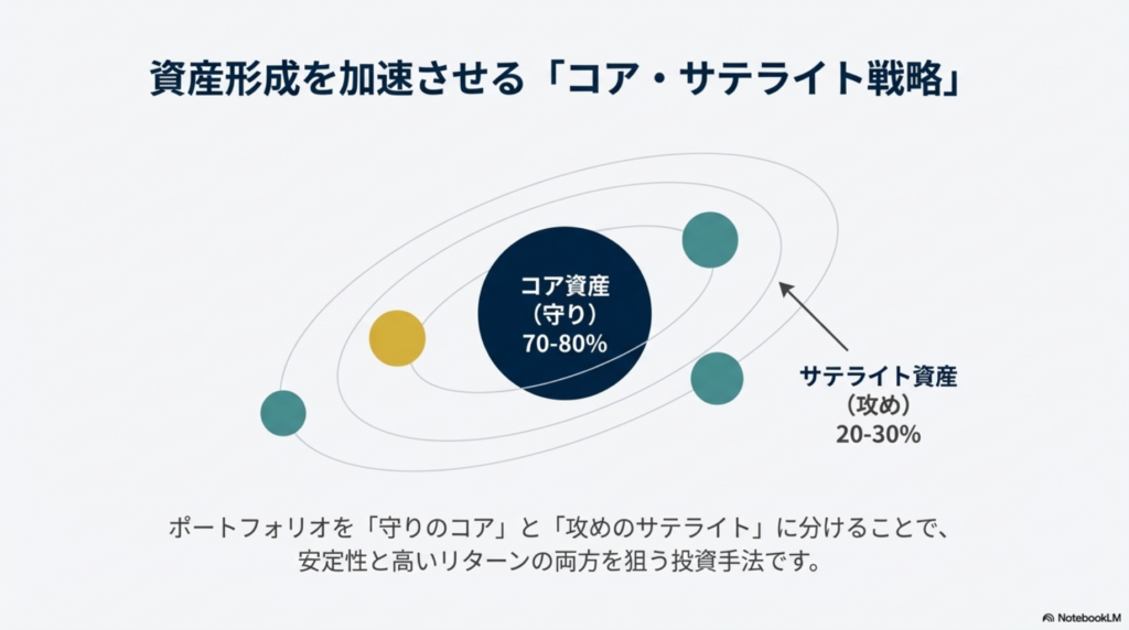 資産の7-8割をコア資産（守り）、2-3割をサテライト資産（攻め）にする戦略