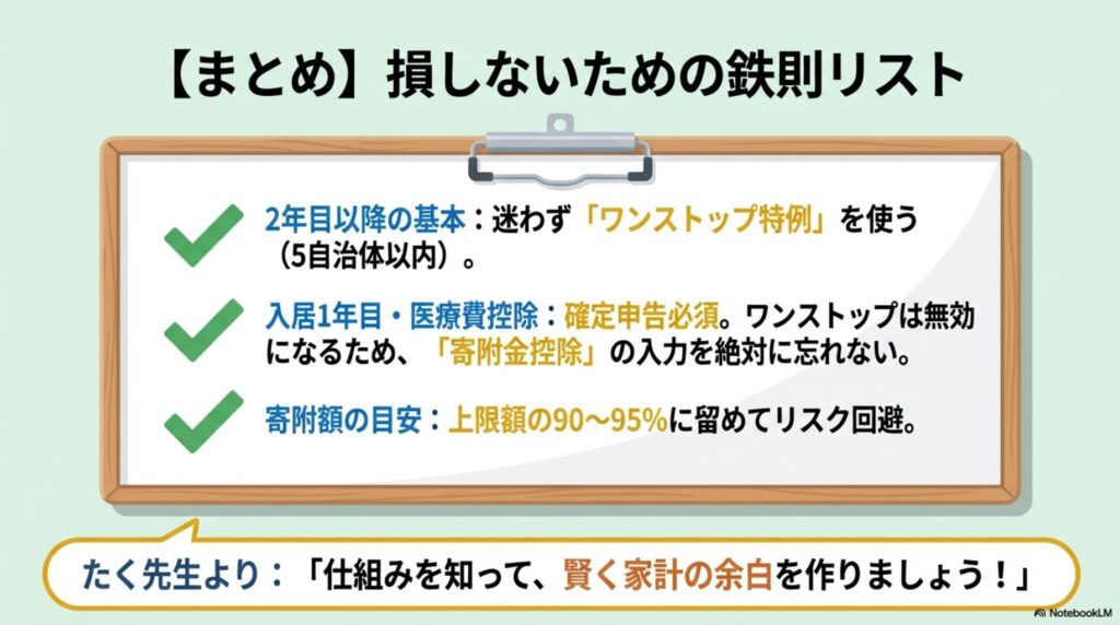 2年目以降はワンストップ特例を使う、寄附額は上限の90%に抑えるなど、住宅ローン控除とふるさと納税で損しないためのポイントまとめ。