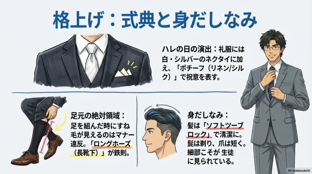 式典での正装マナー：ポケットチーフ、ロングホーズ靴下、髪型のポイント