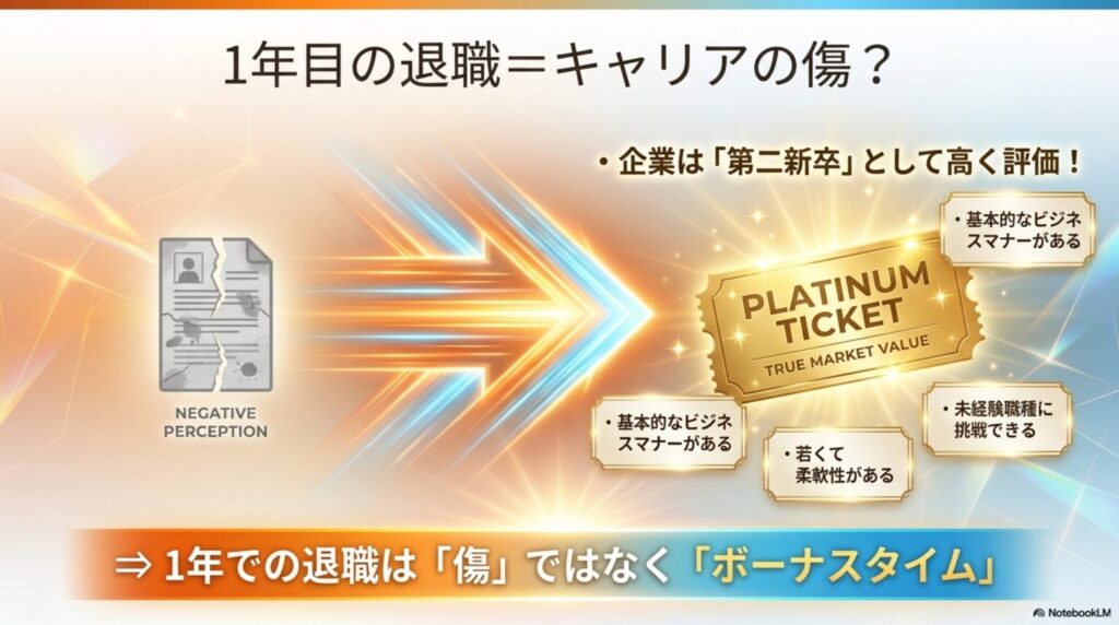 1年目で教員を辞めても、企業から第二新卒として高く評価される理由を示した図解
