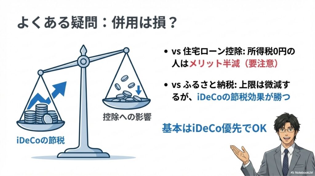 iDeCoの節税効果と他の控除への影響を天秤にかけ、基本的にはiDeCo優先で問題ないことを示すイラスト