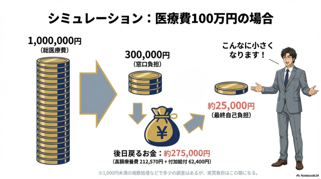 医療費が100万円かかった場合のシミュレーション。窓口負担30万円に対し、後日約27万5千円が戻り、実質負担は約2万5千円になる計算。