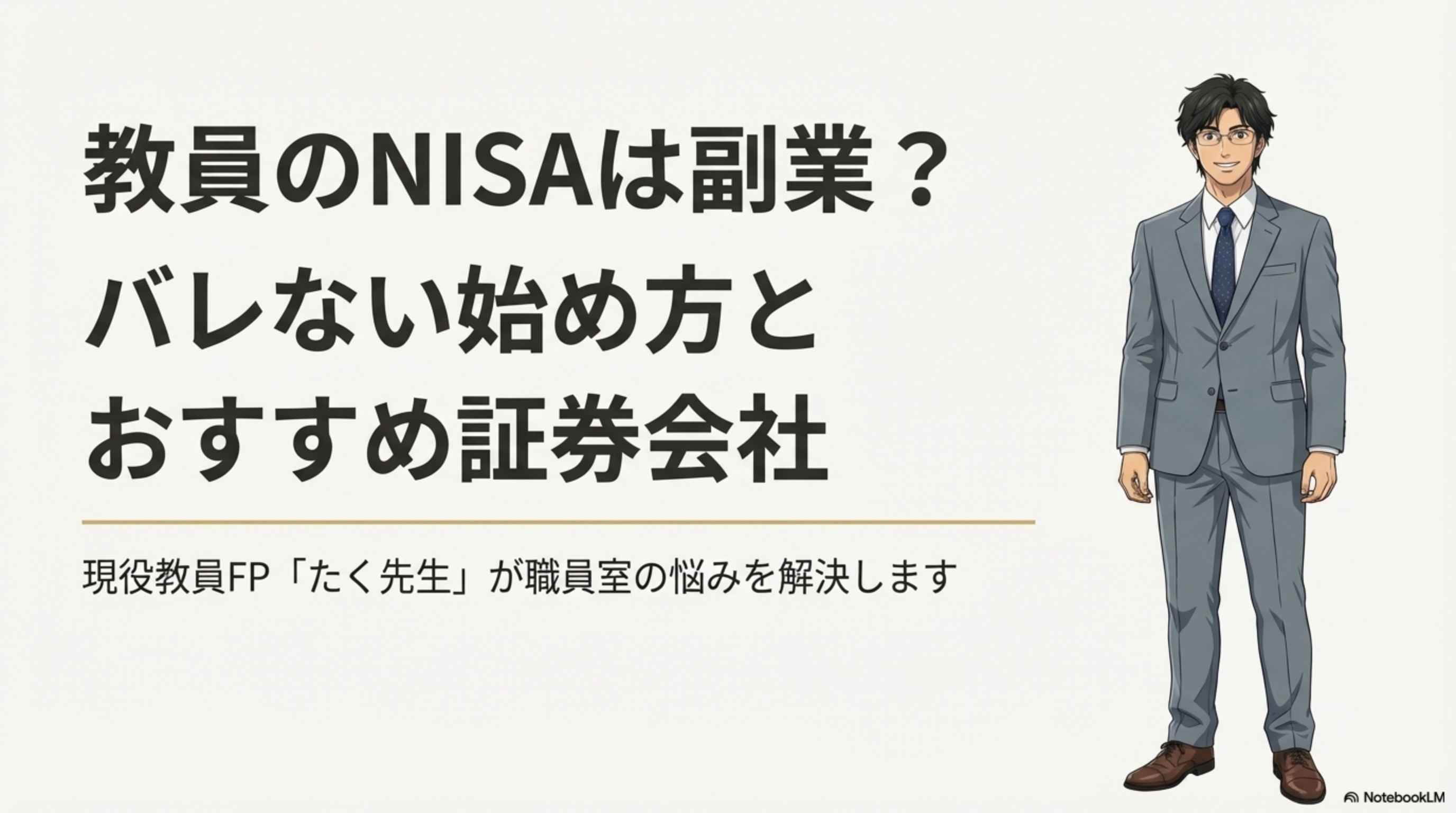 スーツ姿の男性教員と新NISA完全ガイドの表紙