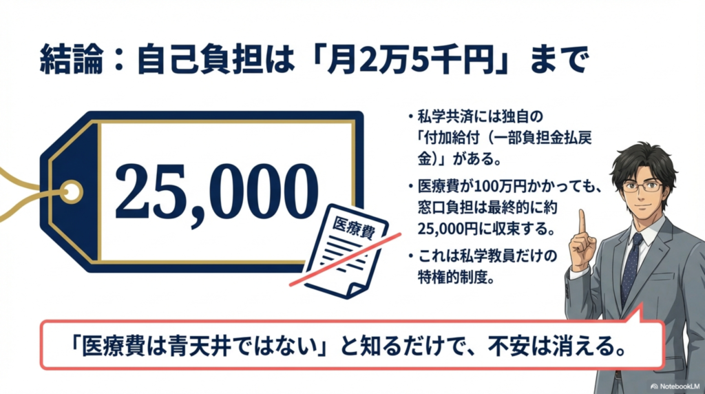 私学共済の医療費自己負担限度額は月2万5千円。医療費が高額になっても青天井にはならない。