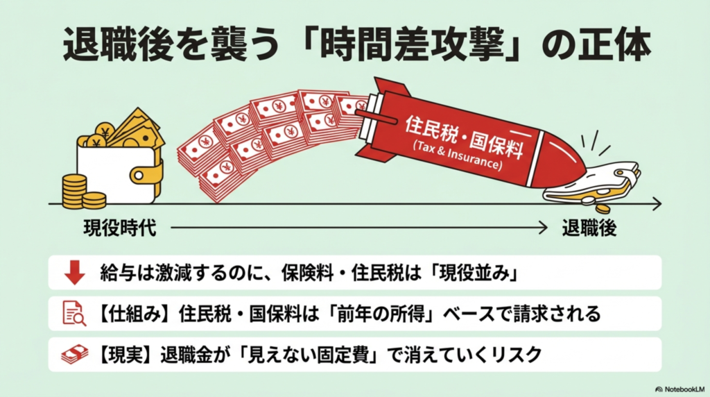 定年退職後に現役時代の所得に基づいて高額な住民税と国保料が請求される「時間差攻撃」の仕組み図解
