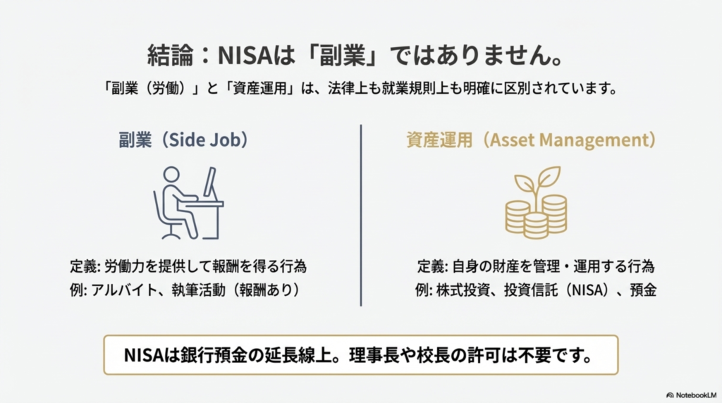 副業（労働）と資産運用の法的な定義の違いを示した図