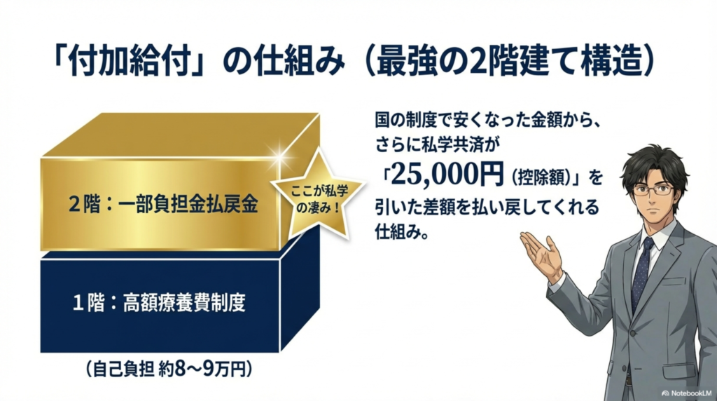 私学共済の付加給付（一部負担金払戻金）の仕組み。国の高額療養費制度に上乗せされる2階建て構造の解説図。