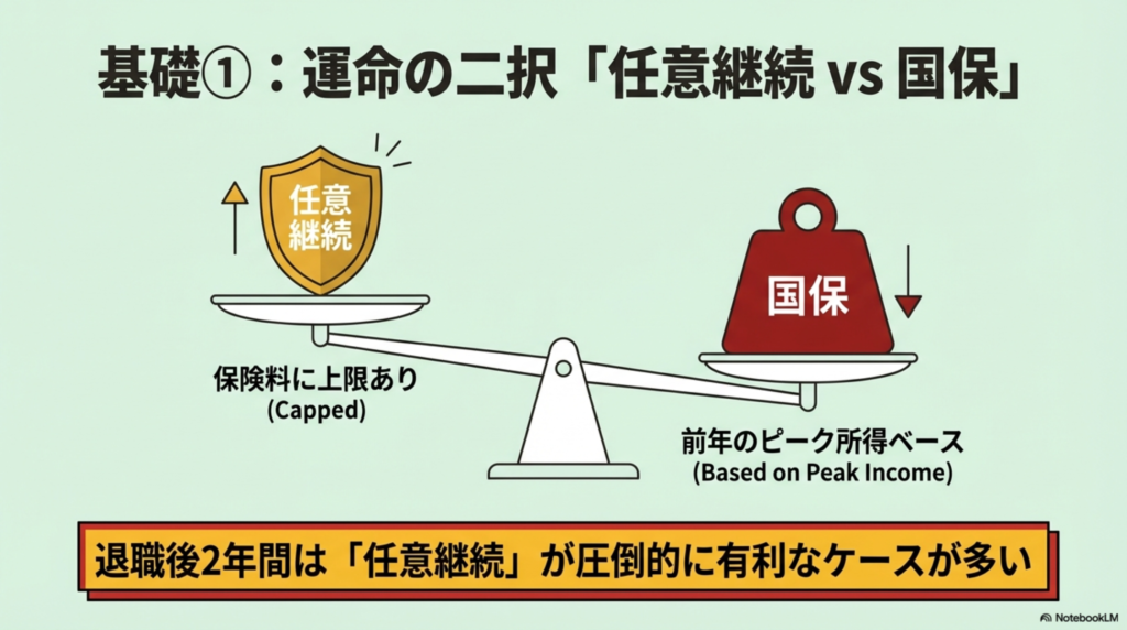 任意継続の保険料上限キャップと国民健康保険の前年所得ベース計算を比較した天秤のイラスト