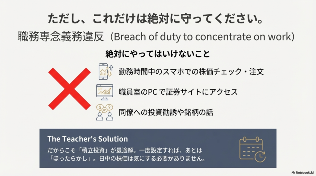 勤務時間中の株価チェック禁止と積立投資の推奨を示す図