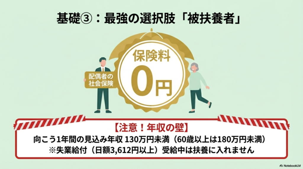 配偶者の社会保険の被扶養者になることで保険料負担が0円になるメリットを示した図