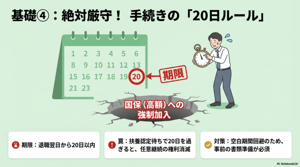 退職翌日から20日以内に手続きが必要な任意継続の期限と、遅れた場合の国保強制加入リスクへの警告