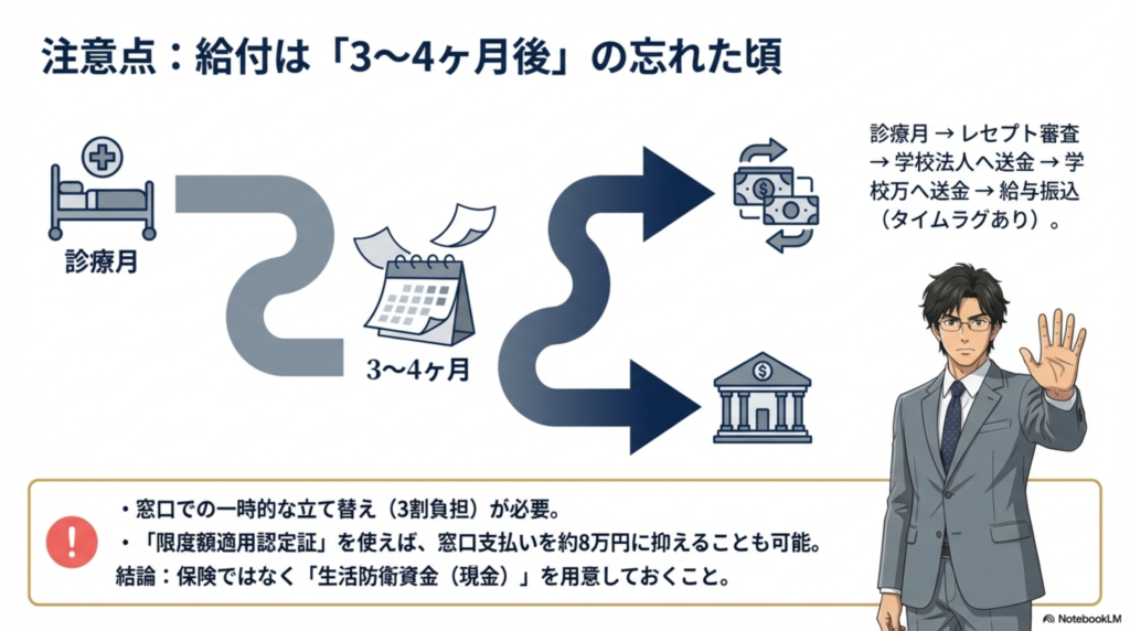 付加給付金が振り込まれるまでの期間は診療月から3〜4ヶ月後。窓口払いのための一時的な現金（生活防衛資金）が必要。