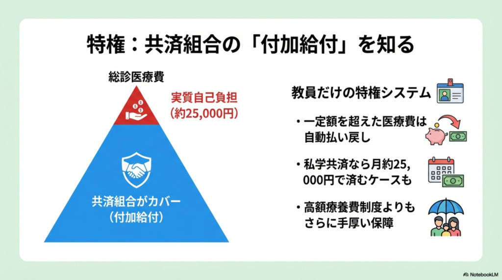 私学共済などの付加給付制度により、医療費の実質自己負担が約25,000円に抑えられる仕組みの図解