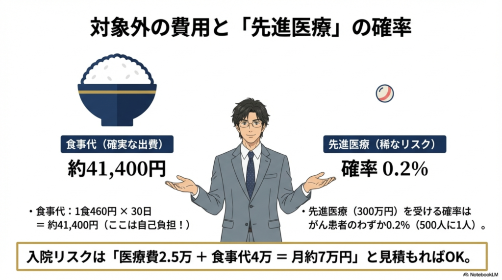 付加給付の対象外となる食事代（約4万円）と、先進医療を受ける確率（0.2%）についての解説。入院リスクは月7万円と見積もるべき理由。