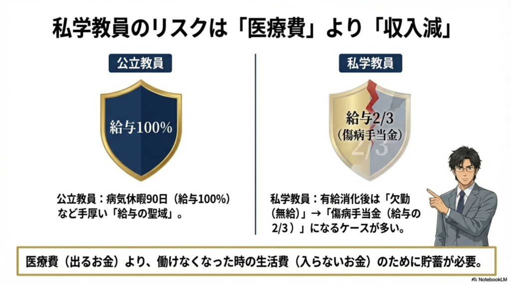 公立教員と私立教員のリスクの違い。公立は給与100%保証が手厚いが、私立は傷病手当金（給与の3分の2）になるリスクがある比較図。