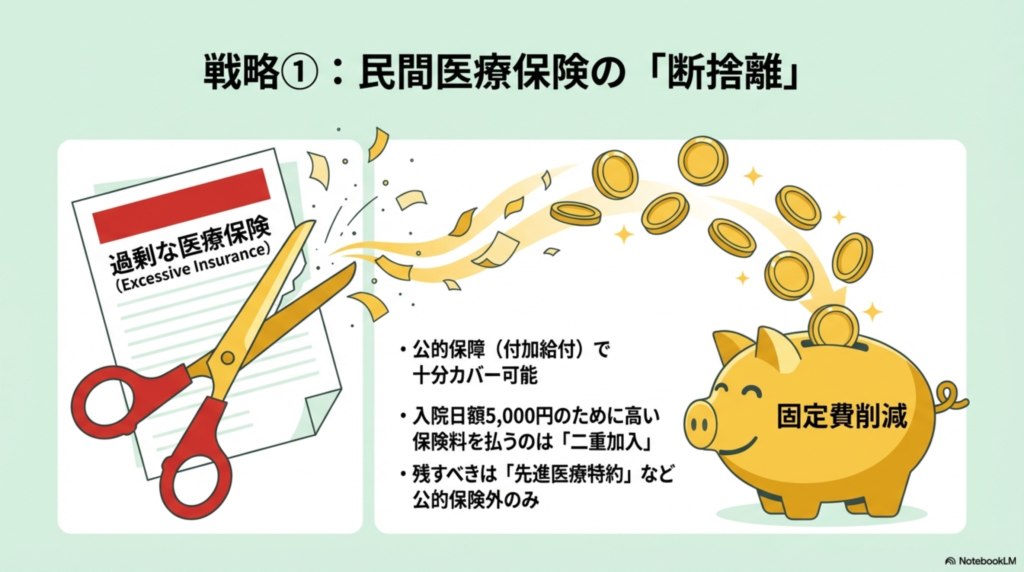 公的保障でカバーできる範囲を理解し、過剰な民間医療保険を見直して固定費を削減するイメージ図