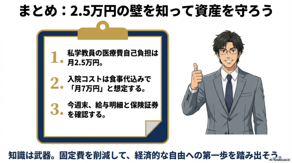 本記事のまとめ。私学教員の医療費自己負担は2.5万円、入院コストは月7万円。固定費を削減して資産形成へ。