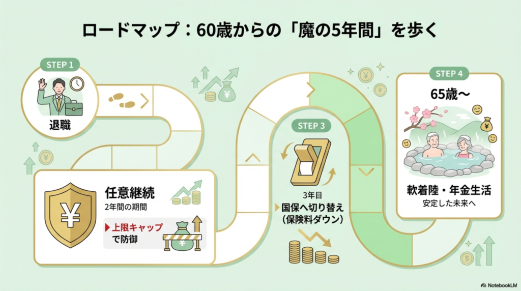 退職直後は任意継続を選び、3年目に国保へ切り替えて65歳の年金生活へ軟着陸するまでのステップ図