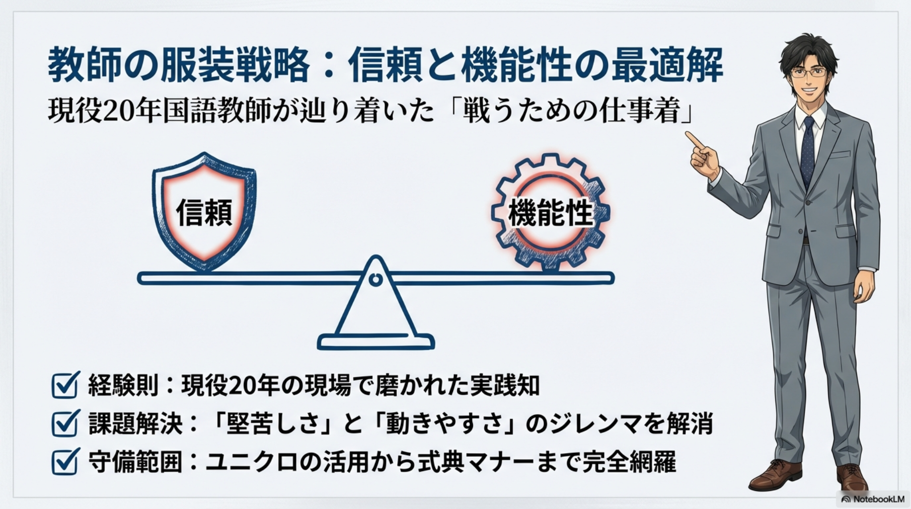 教師の服装戦略：信頼と機能性の最適解を示したタイトル画像