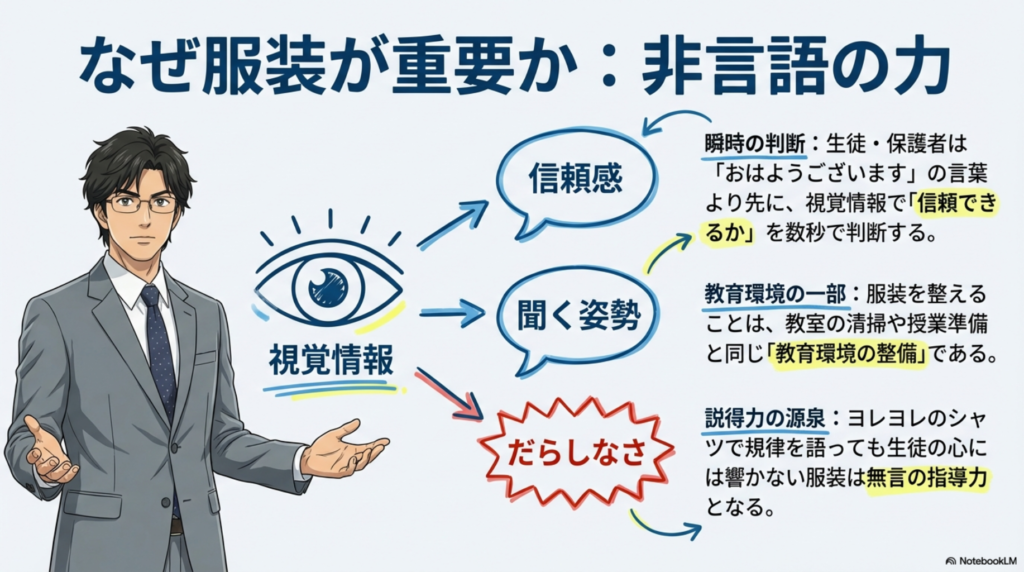 服装による視覚情報が信頼感や聞く姿勢に与える影響の図解
