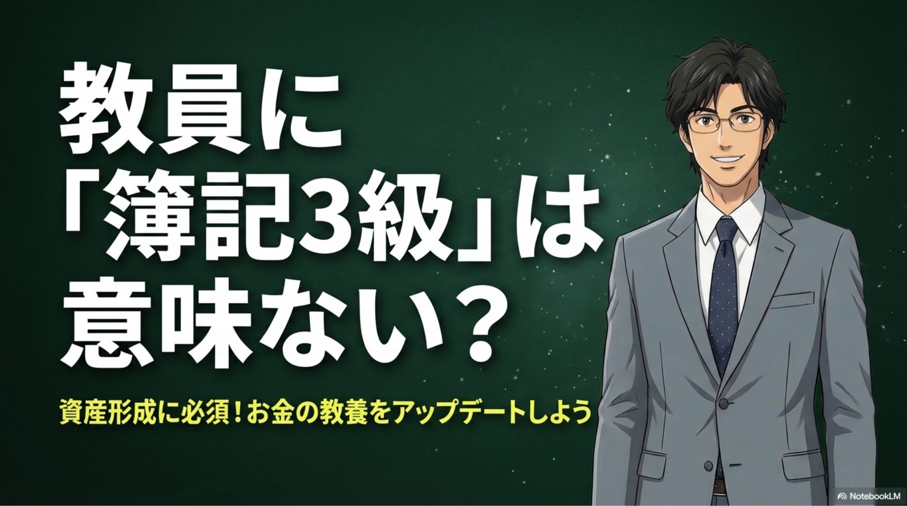 「教員に簿記3級は意味ない？」という疑問と「資産形成に必須！お金の教養をアップデートしよう」というタイトルが書かれたスライド画像