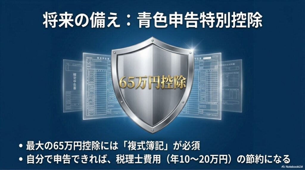 確定申告書を背景に、「65万円控除」という文字が刻まれた盾のイラスト。複式簿記が節税の守りになることを表現している。