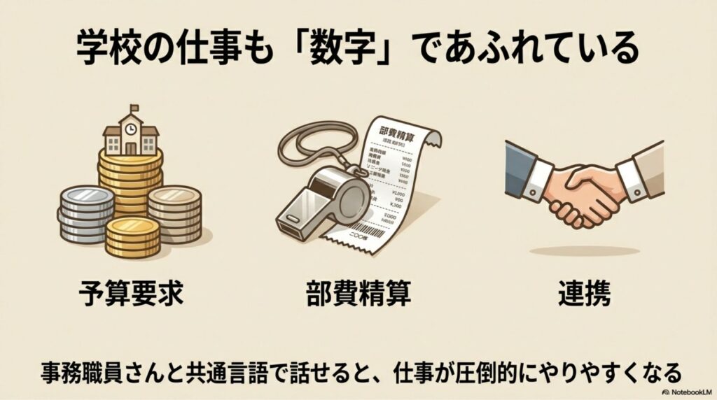 学校の校舎、積み上がった硬貨、レシート、ホイッスルを描いたイラスト。部費精算や予算要求など学校業務も数字で溢れていることを示す。