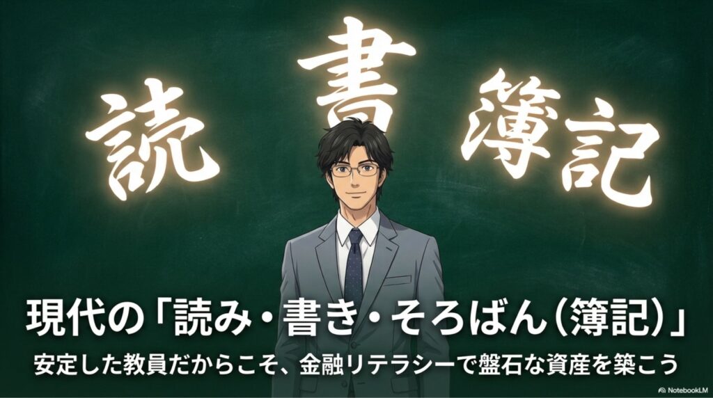 「読」「書」という漢字の下に「簿記」が光っているイメージ画像。現代の読み書きそろばんは簿記であることを象徴している。